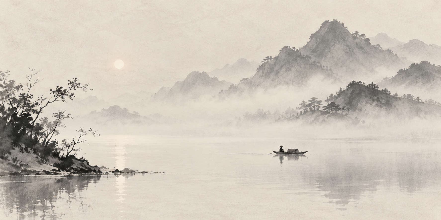 Original ink-wash landscape of misty mountains and a solitary boat